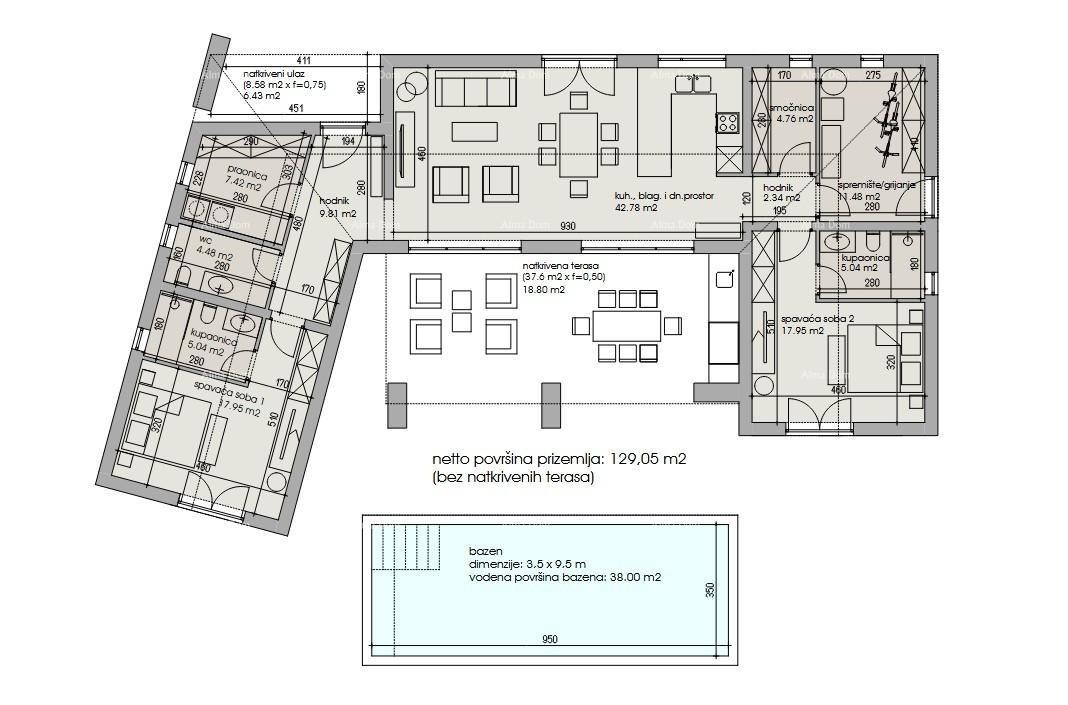 Prodaja - građevinsko zemljište s projektom za izgradnju vile prizemnice, Žminj V1 2